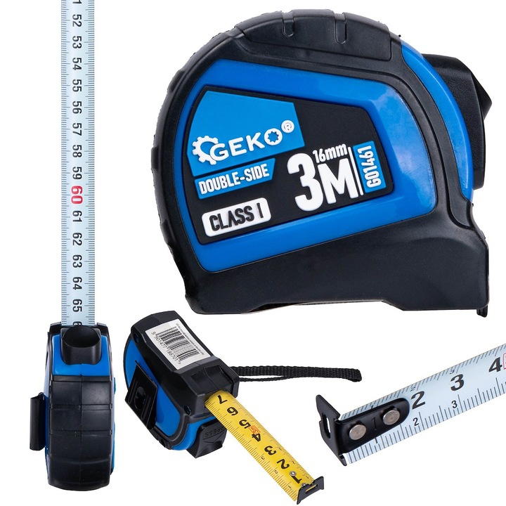 Ruleta cu 2 fete, oprire automata, 3 m x 16 mm, Clasa I, Geko G01461