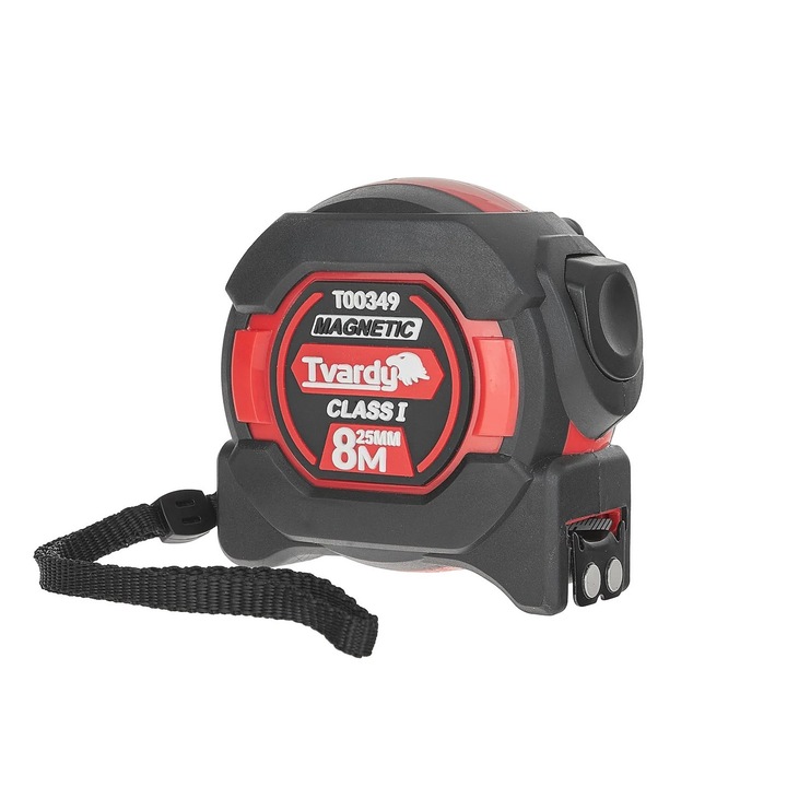 Ruleta cu 2 fete cu magnet si oprire automata, 8 m x 25 mm, Tvardy T00349
