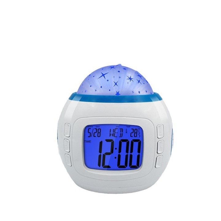 Ceas desteptator pentru copii cu proiector si functie snooze, Kolohoso, alb/albastru