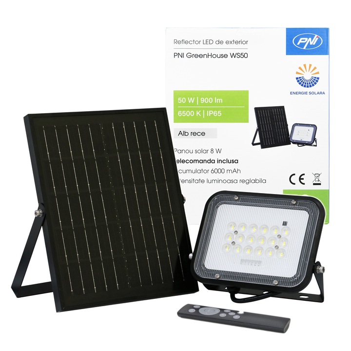 Proiector LED PNI GreenHouse WS50 50W cu panou solar, acumulator 6000mAh, telecomanda, timing si luminozitate reglabila, 6500K, IP65
