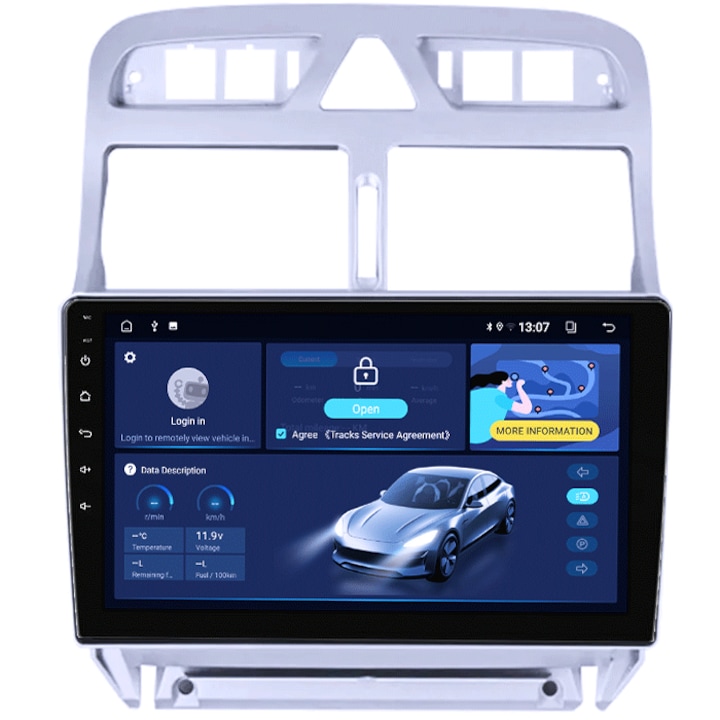 Navigatie dedicata Peugeot 307 2001-2008, 4GB RAM 64GB ROM, Quadcore, Android 14, Display QLED 1K 9", DSP, Carplay&Android Auto, Suport camere AHD