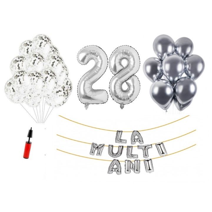 Lufi készlet, 33 elem, Boldog születésnapot 28 év, fólia számok 101 cm, ezüst