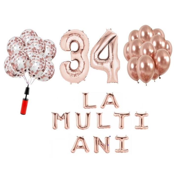 33 db-os lufi készlet, Boldog születésnapot, 34. születésnapot, fóliaszámok 100 cm, rózsa arany