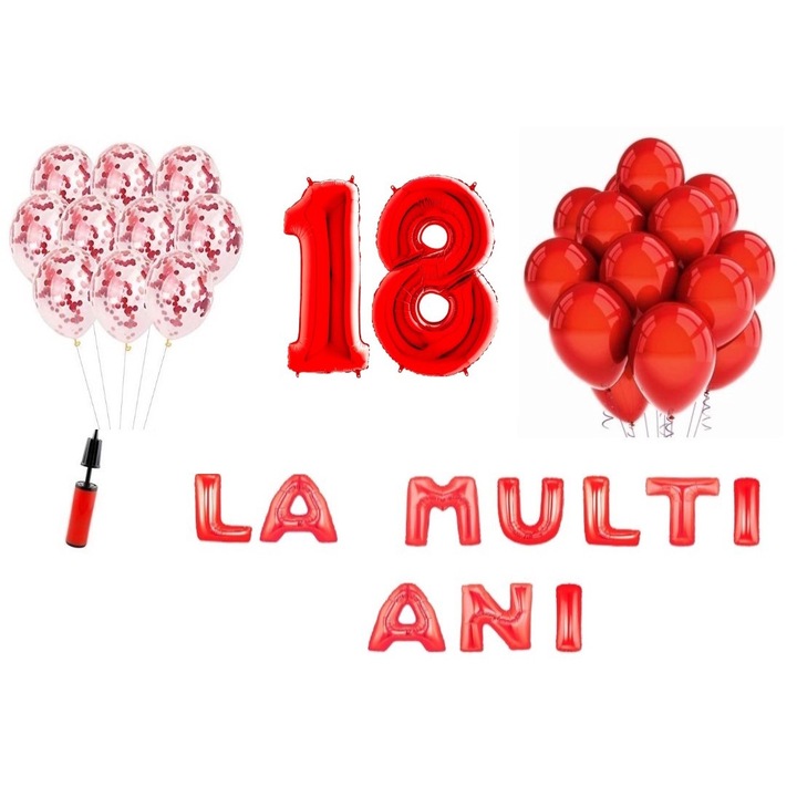 33 db lufi készlet, Boldog születésnapot, 18. születésnapot, fóliaszámok 100 cm, piros