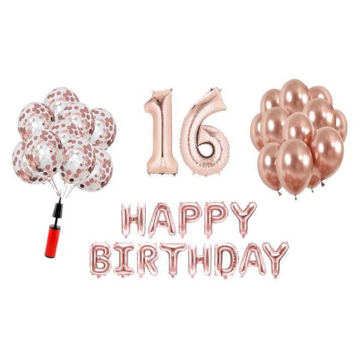 36 db lufi készlet, Boldog születésnapot 16 éves évfordulóra, fóliaszámok 100 cm, rózsaszín arany