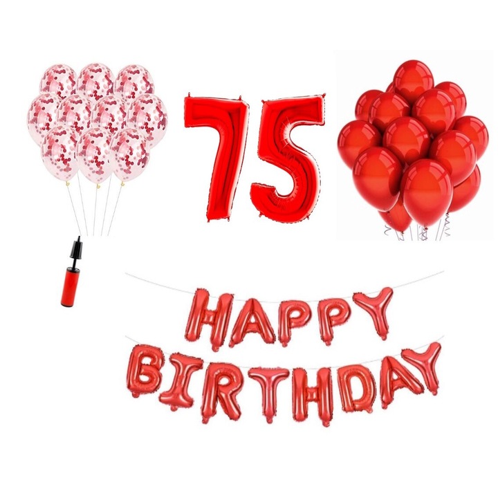 Set 36 baloane, Happy Birthday aniversare 75 ani, cifre folie 100 cm, rosu