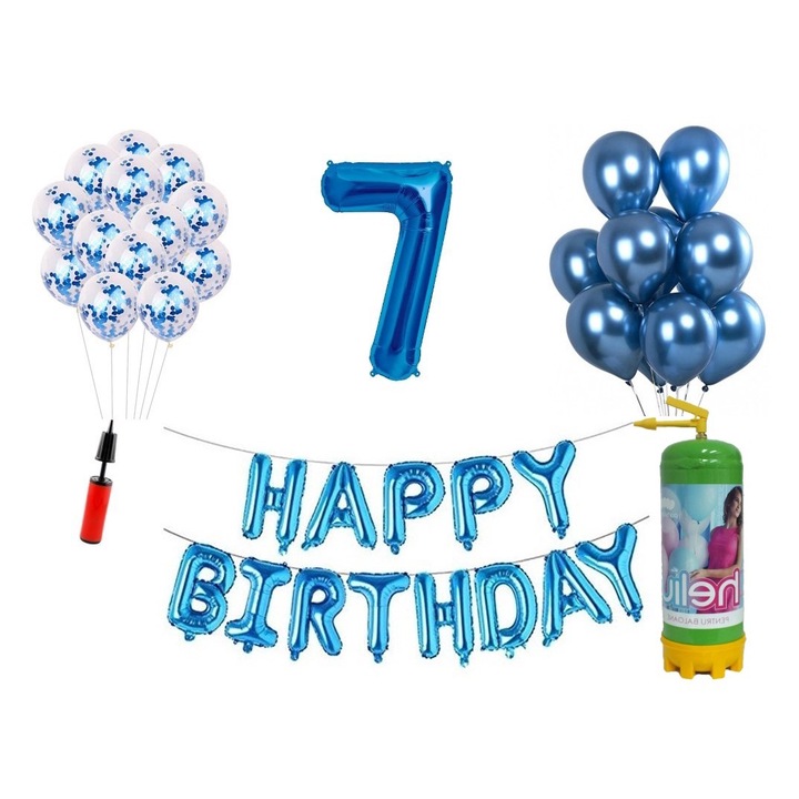 36 db-os DOMI PARTY & GIFTS lufi készlet, Boldog születésnapot 7 éves évfordulóra, fóliaszám 100 cm, kék + hélium palack