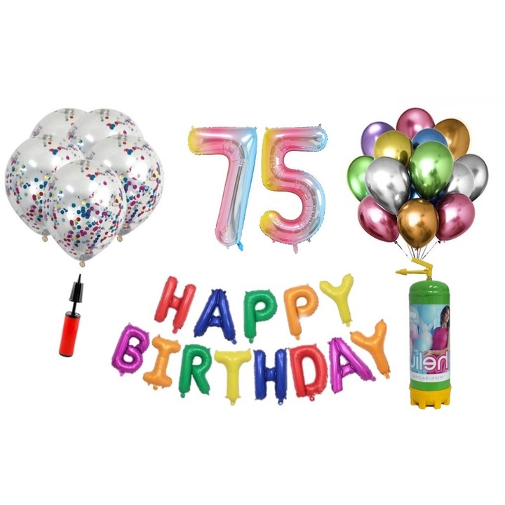 Set 37 baloane DOMI PARTY & GIFTS, Happy Birthday aniversare 75 ani, cifre folie 100 cm, curcubeu + Butelie de heliu