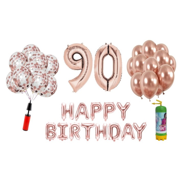 Set 37 baloane DOMI PARTY & GIFTS, Happy Birthday aniversare 90 ani, cifre folie 100 cm, rose gold + Butelie de heliu