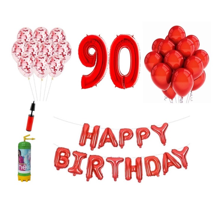 DOMI PARTY & GIFTS комплект балони, 37 елемента, Happy Birthday 90th юбилей, фолио цифри 101 см, червено + бутилка с хелий