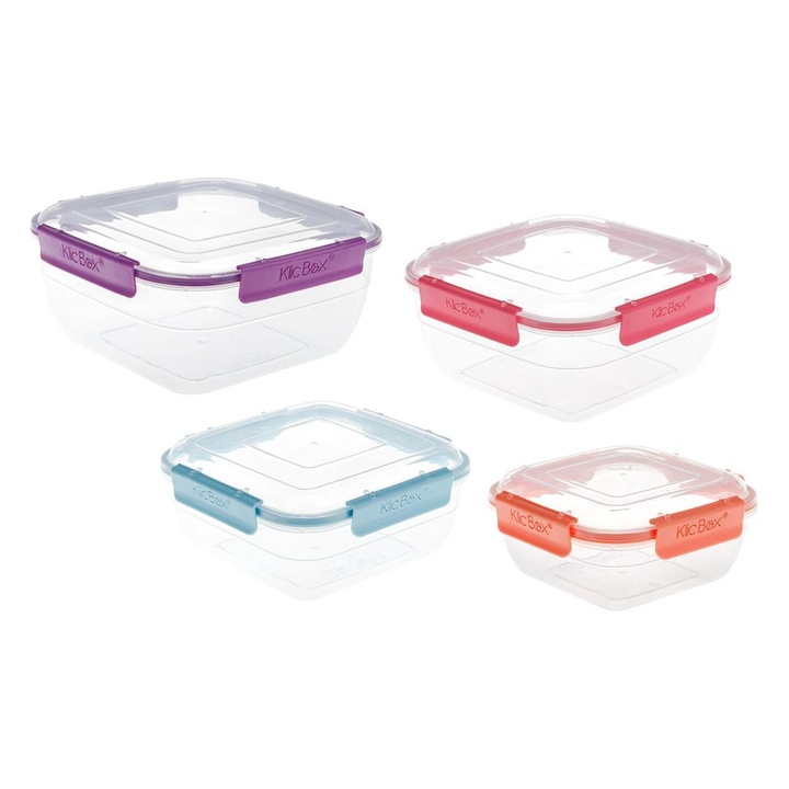 Set 4 caserole transparente, Sistem anticurgere, Fara BPA, 400ml, 800ml, 1450ml, 2350ml