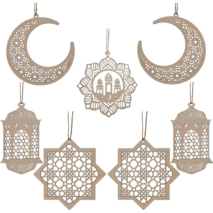 Set 7 Decoratiuni Suspendate din Lemn Ramadan Kareem, Natural