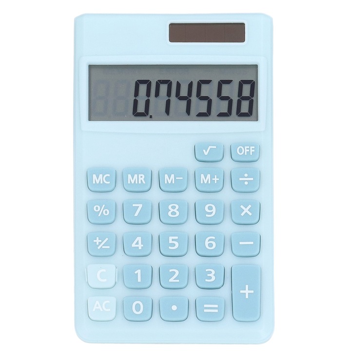 Bizaical преносим калкулатор, 8 цифри, голям LCD дисплей, компактен дизайн, 12x7x1cm, захранван от батерия CR2025