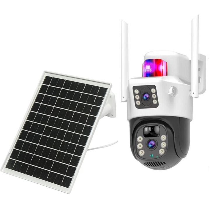 Видеокамера с два 5MP обектива, 4G Wifi, соларен панел, батерии, PTZ, 360 градусова ротация, PIR сензор за движение, разпознаване на хора, двупосочна комуникация, аларма, iOS и Android съвместимо приложение, черно-бял цвят