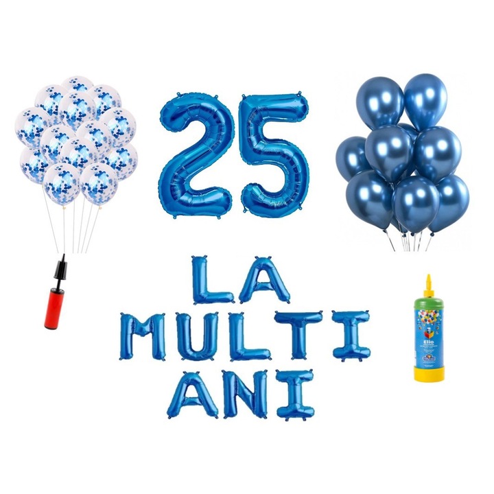 34 db DOMI PARTY & GIFTS lufi készlet, Boldog születésnapot, 25. évfordulót, fóliaszámok 100 cm, kék + Hélium palack