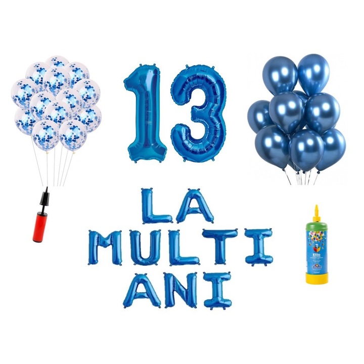34 db DOMI PARTY & GIFTS lufi készlet, Boldog születésnapot 13 éves évfordulóra, fóliaszámok 100 cm, kék + hélium palack