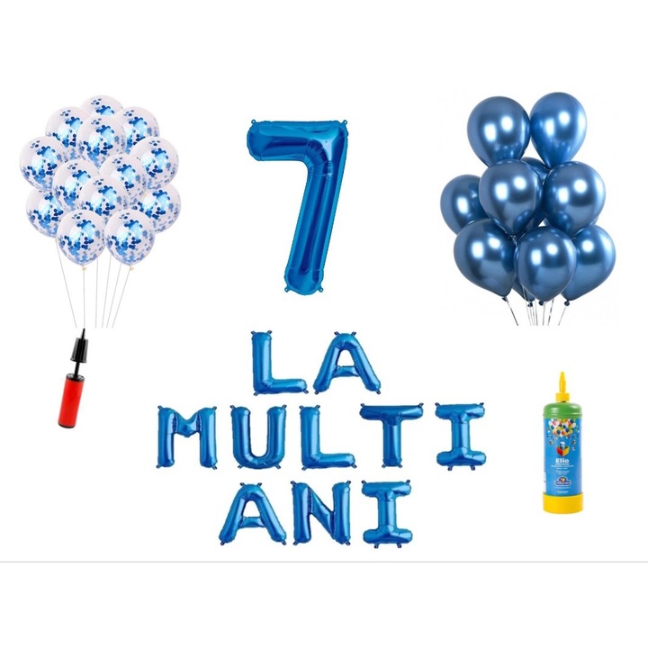 33 db DOMI PARTY & GIFTS lufi készlet, Boldog születésnapot 7 éves évfordulóra, fóliaszám 100 cm, kék + hélium palack