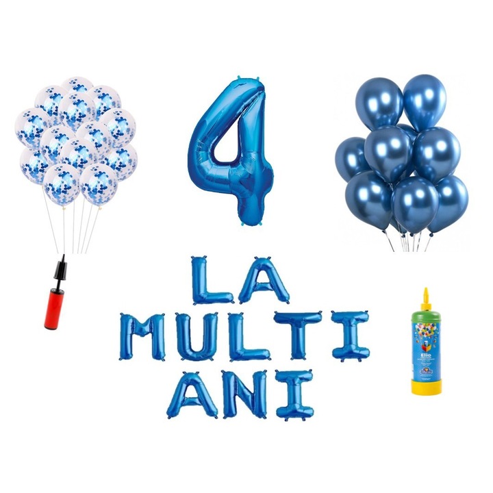33 db-os DOMI PARTY & GIFTS lufi készlet, Boldog születésnapot 4 éves évfordulóra, 100 cm-es fóliafigura, kék + Hélium palack