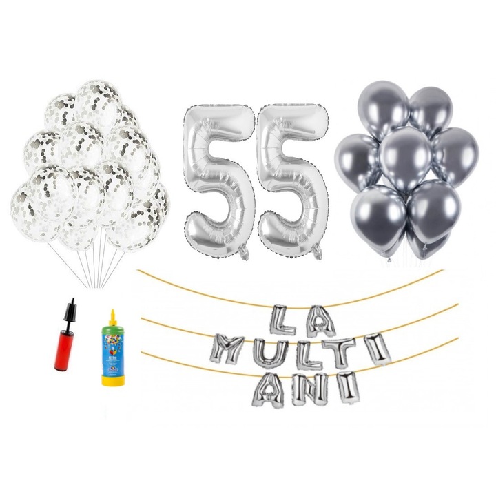 34 db DOMI PARTY & GIFTS lufi készlet, Boldog születésnapot 55 éves évfordulóra, fóliaszámok 100 cm, ezüst + hélium palack