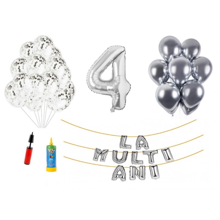 33 db-os DOMI PARTY & GIFTS lufi készlet, Boldog születésnapot 4 éves évfordulóra, fóliaszám 100 cm, ezüst + hélium palack