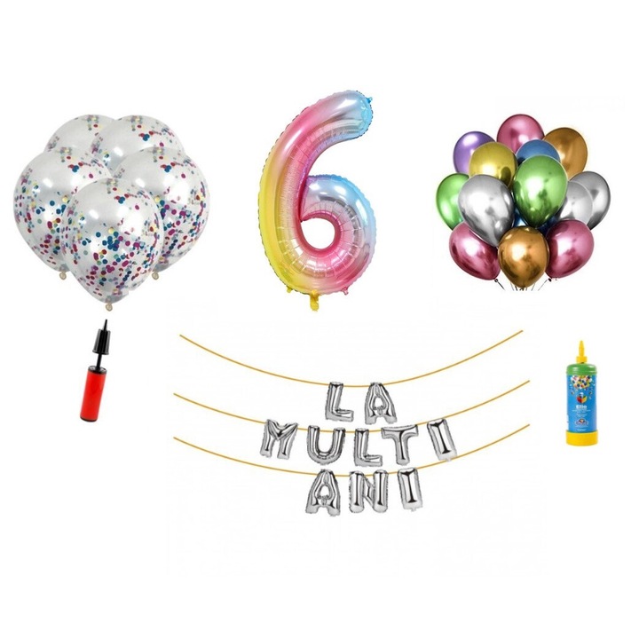 33 db DOMI PARTY & GIFTS lufi készlet, Boldog születésnapot 6 éves évfordulóra, 100 cm-es fóliafigura, szivárvány + hélium palack