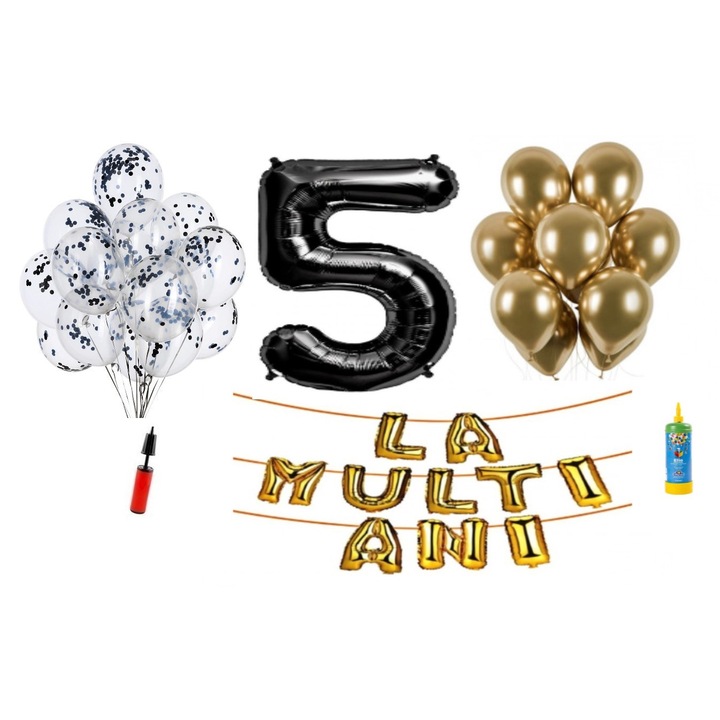 33 db DOMI PARTY & GIFTS lufi készlet, Boldog születésnapot 5 éves évfordulóra, fóliaszám 100 cm, fekete + Hélium palack