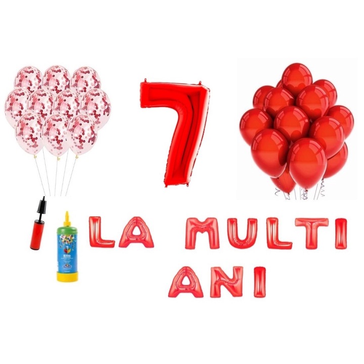 33 db DOMI PARTY & GIFTS lufi készlet, Boldog születésnapot 7 éves évfordulóra, 100 cm-es fóliafigura, piros + Hélium palack