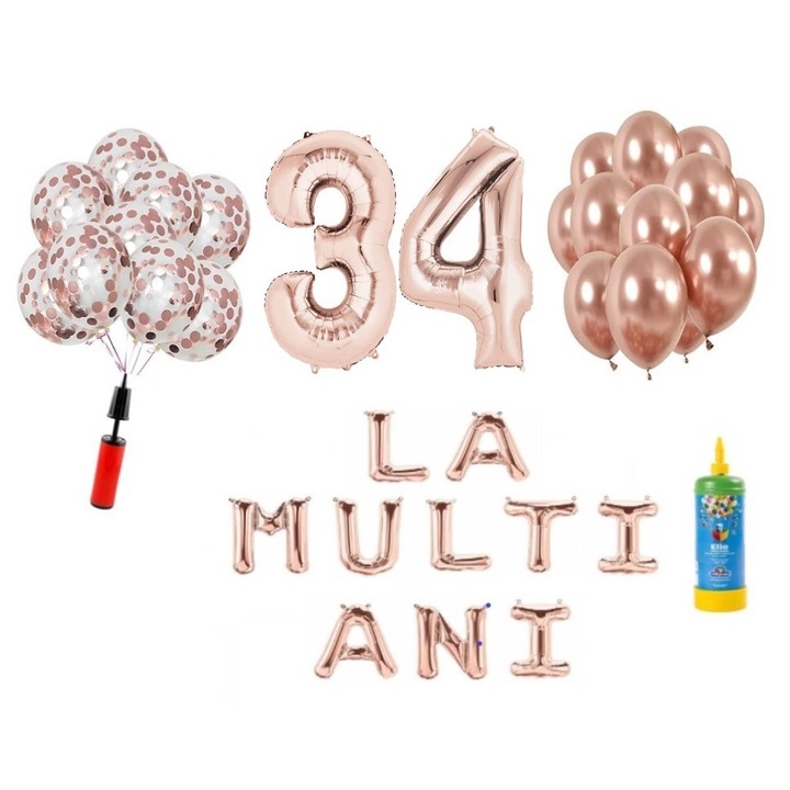 Set 34 baloane DOMI PARTY & GIFTS, La Multi Ani aniversare 34 ani, cifre folie 100 cm, rose gold + Butelie de heliu