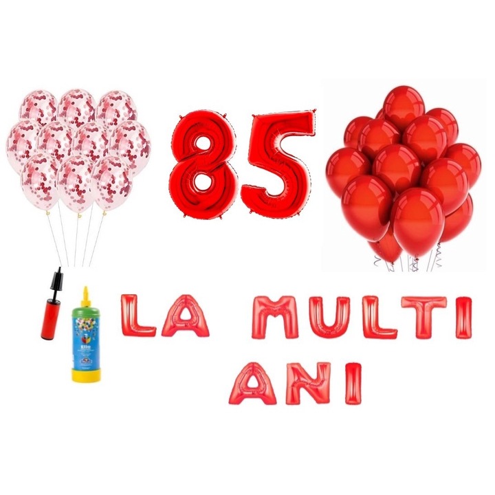 DOMI PARTY & GIFTS lufi szett, 34 elemes, Boldog születésnapot 85 év, fóliaszámok 101 cm, piros + Hélium palack