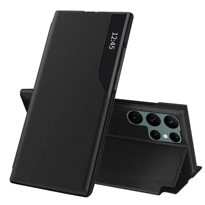 Кожен флип калъф за Samsung Galaxy S25 Ultra, Magnetic Close, Smart View, Smart Stand, Черен