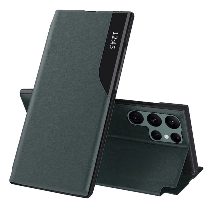 Кожен флип калъф за Samsung Galaxy S25 Ultra, Magnetic Close, Smart View, Smart Stand, зелен