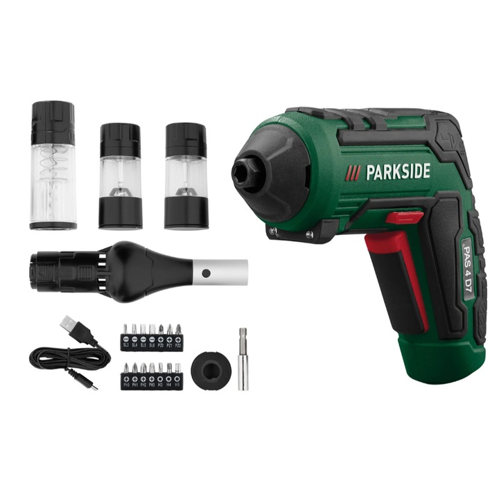 Set de surubelnite fara fir Parkside 4 V, PAS 4 D7, incarcare USB-C, cu 4 accesorii pentru gratar si 15 biti
