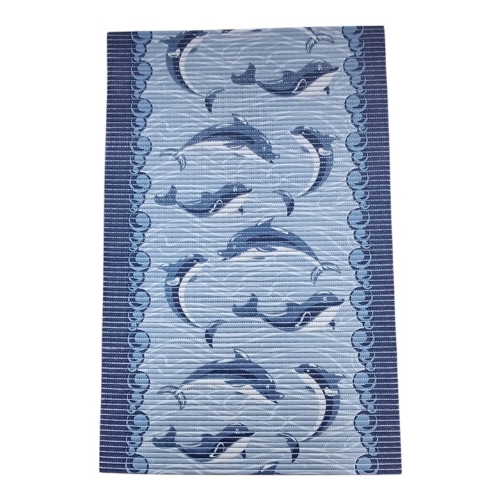 Csúszásmentes fürdőszőnyeg, téglalap alakú, 150cm X 65cm, PVC hab anyag, kék mintás delfinekkel