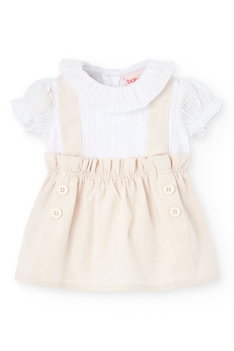 boboli, Set de rochie din amestec de in si chiloti, Alb/Bej, 56 CM