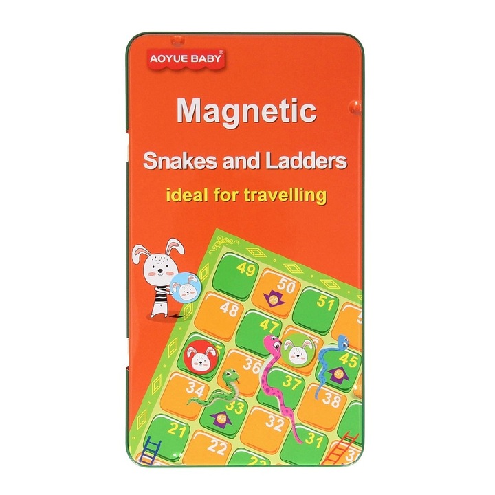 Joc d societate - Serpi si scari, cu cutie mgnetica, copii 4 ani+, 19x11x1.5cm, verde-portocaliu