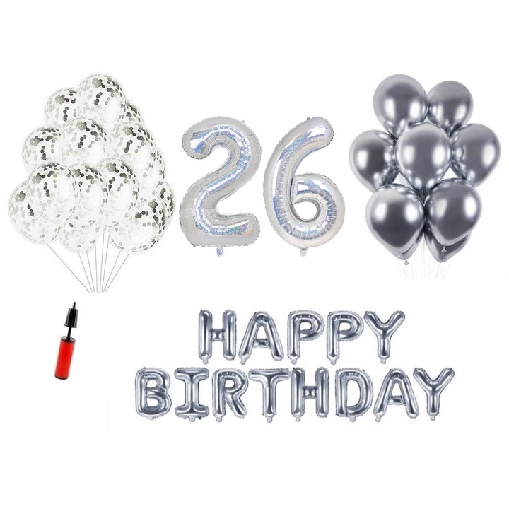 DOMI PARTY & GIFTS lufi készlet, 34 elemes, Boldog születésnapot 10 éves évfordulóra, fóliaszámok 101 cm, ezüst + Hélium palack