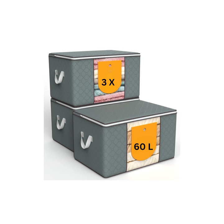 Set 3 Cutii Depozitare cu Manere, 3 x 60 L, Capac si Fermoar, Gri Antracit, 50 x 40 x 33 cm