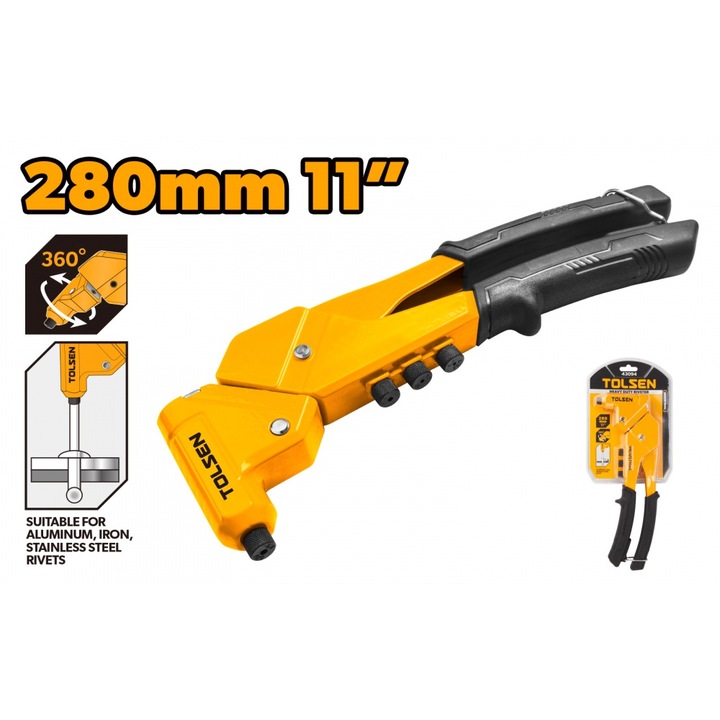 Cleste TOLSEN pentru piulite nituibile 2.4–4.8mm, 280mm (11"), cap rotativ 360°, corp aliaj aluminiu vopsit, maner PVC ergonomic, ideal pentru aluminiu, fier si otel inoxidabil, cap rotativ 360°, utilizare profesionala, corp aluminiu usor