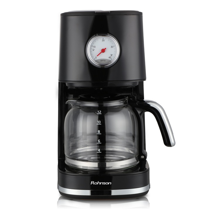 Cafetiera Rohnson R950 Nostalgia, 900W, carafa sticla, 1.5 l, oprire automata, sistem antipicurare, functie mentinere la cald, suport filtru detasabil, protectie la supraincalzire, culoare negru
