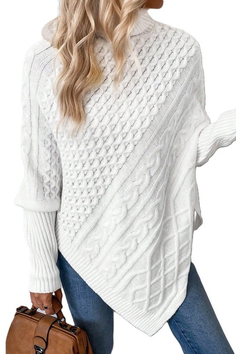 Pulover Dama, Tricotat, Asimetric, Cu Guler Inalt, Alb