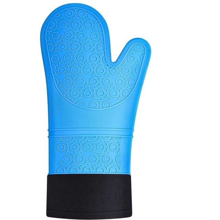 Sütőkesztyű, Hokitpro, hőálló szilikon, extra hosszú ujjú, csúszásmentes, 36x18cm, kék, 1 pár készlet