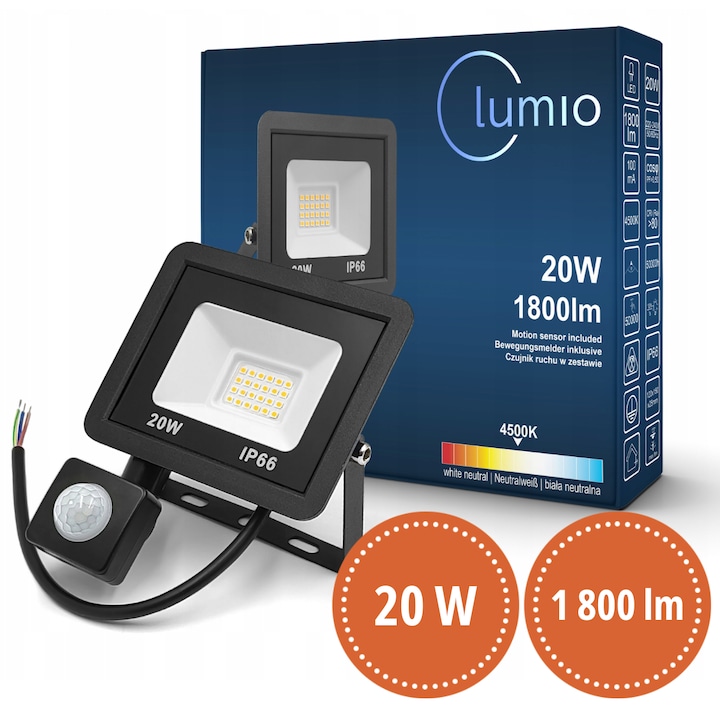 Proiector LED 20W LUMIO, 1800 lm, IP66, senzor de miscare si crepuscul, alb neutru 4500K, halogen reflector, iluminat interior/exterior