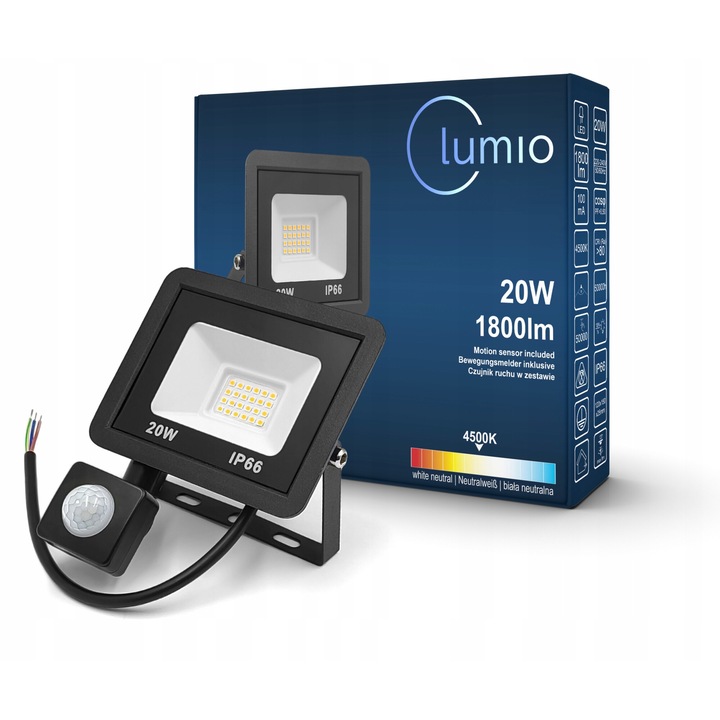 LED projektor 20W LUMIO, 1800 lm, IP66, mozgás- és szürkületérzékelő, semleges fehér 4500K, halogén reflektor, beltéri/kültéri világítás