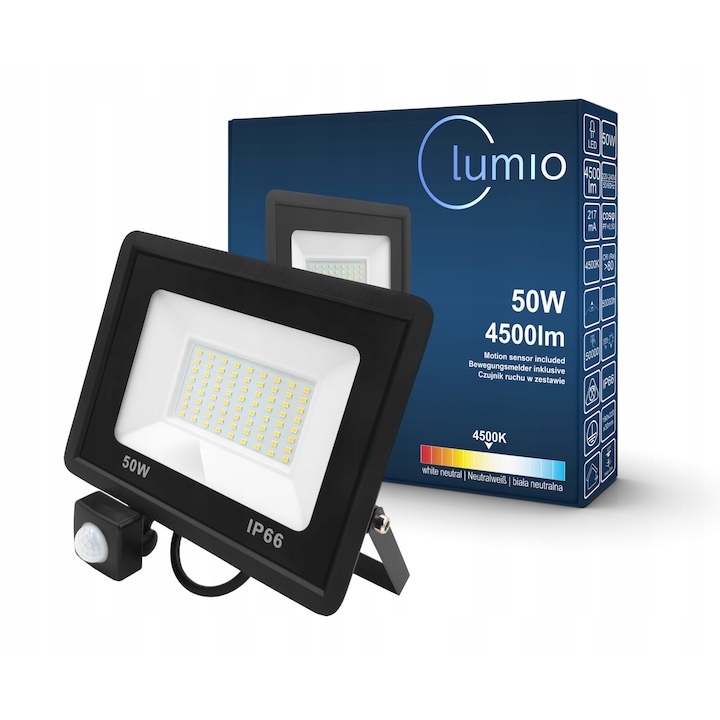 LUMIO LED прожектор, 50W, 4500 lm, IP66, със сензор за движение, неутрално бяло 4500K, халогенен рефлектор, за градини и индустриални помещения