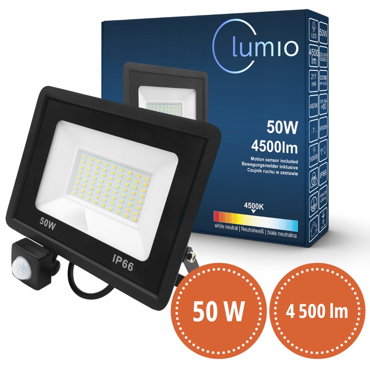 Proiector LED 50W LUMIO, 4500 lm, IP66, cu senzor de miscare, alb neutru 4500K, halogen reflector, ideal pentru gradini si spatii industriale