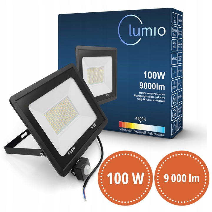 Proiector LED 100W LUMIO, 9000 lm, IP66, aluminiu si sticla rezistenta, senzor de miscare si lumina ambientala, alb neutru 4500K