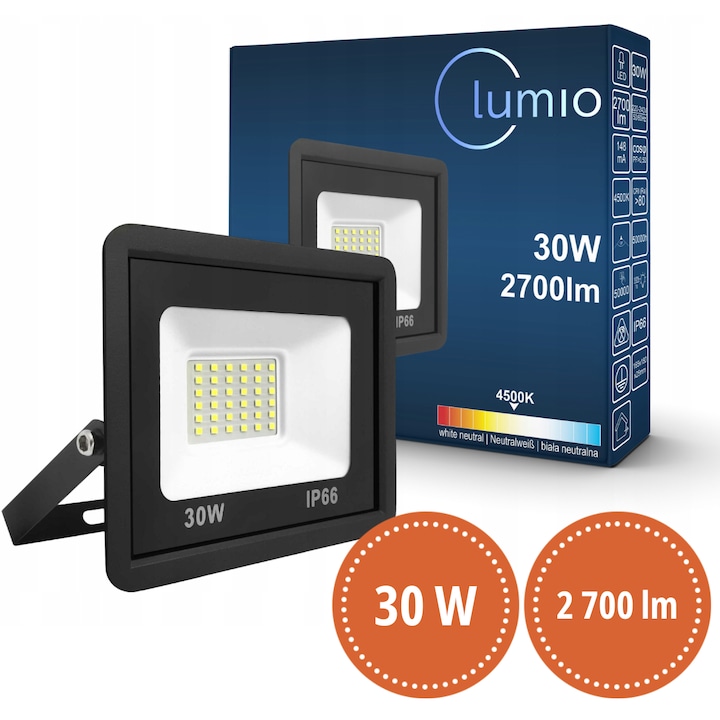 Proiector LED 30W LUMIO, 2700 lm, IP66, alb neutru 4500K, halogen LED, luminator exterior, aluminiu si sticla de inalta rezistenta