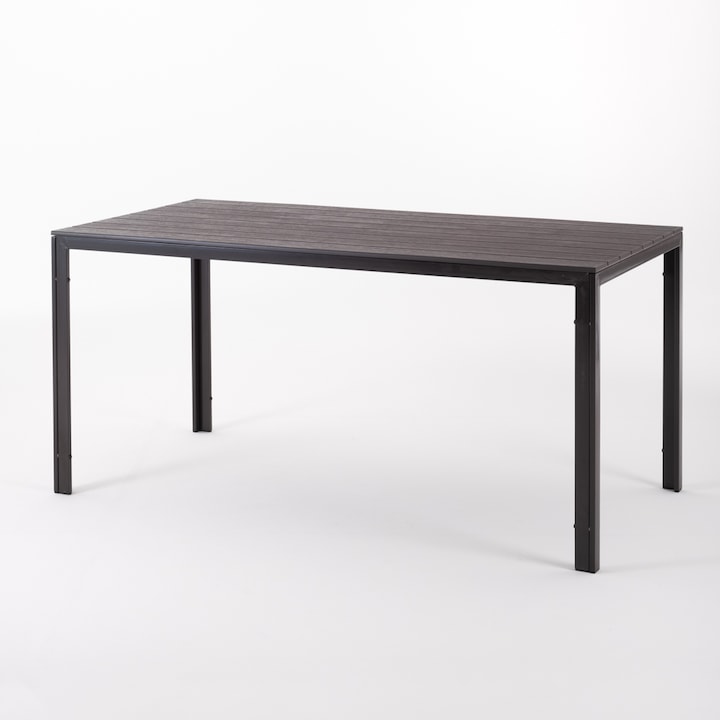 Masa de Exterior/Gradina Terasa THOMAS - 156x78 cm, Gazduieste Pana la 6 Persoane, Structura din Fier si Blat cu Efect de Lemn, Moka