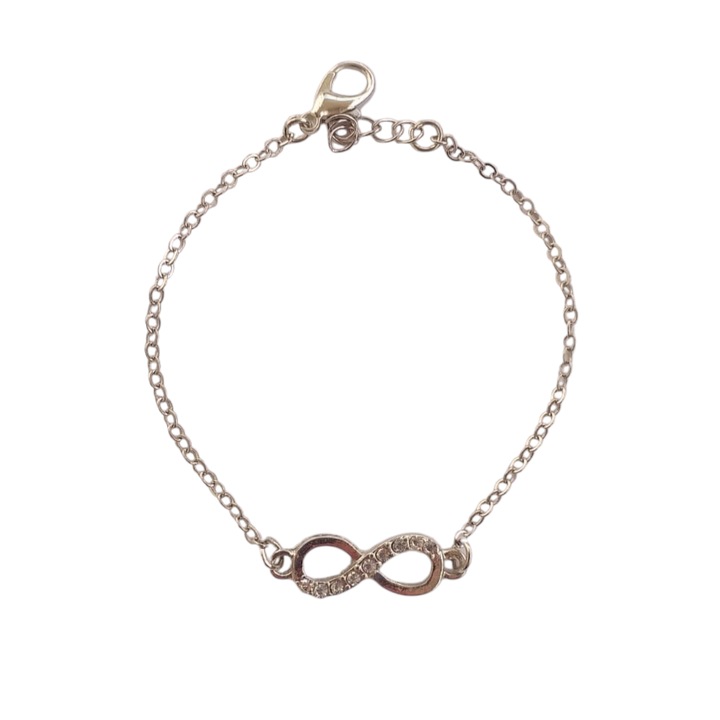 Bratara charm Semnul Infinitului, martisor, argintiu, cu cristale, lungime 18.5 cm, reglabila