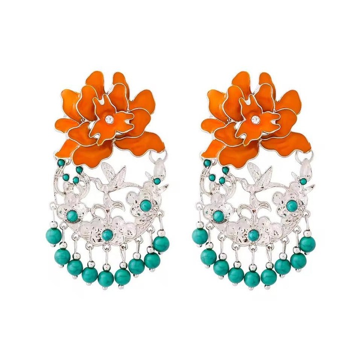 Cercei argintii, masivi, cu floare portocalie si margelute turquoise, Pernille C1